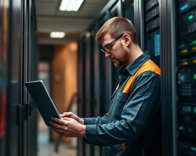 Experienced field technician working with critical server equipment on-site at client location